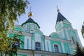 Detail of church with domes in churchyard of Holy Trinity convent, symbolic birch tree, Brayiliv, Ukraine