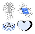 Brain, AI Chip, Data Layers, and Heart Representing Technology, Intelligence, and Human Connection Royalty Free Stock Photo