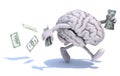 Brain with arms and legs run away with money