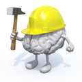 Brain with arms, legs, work helmet and hammer on hand