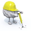 Brain with arms, legs, work helmet and jackhamme