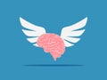 The brain is attached to the wings of an angel bird. Flying thoughts and fantasies