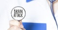 BRAIN ATTACK sign and hand with stethoscope of Medical Doctor