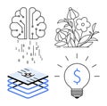 Brain with binary code, blooming flowers, stack of technology layers, and dollar-sign light bulb concept Royalty Free Stock Photo