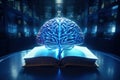 Brain with blue neon light and books. 3D abstract illustration shows how books enrich the mind forming neural