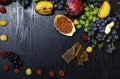 Brain boosting health food background border with fruits, nuts,berry. Foods high in vitamin C, vitamins, minerals, antioxidants an Royalty Free Stock Photo