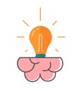 Brain with bulb as idea icon vector or genius power of creating thinking line outline art cartoon symbol, intellect or Royalty Free Stock Photo