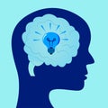 A face profile silhouette showing the human brain with a light bulb Royalty Free Stock Photo