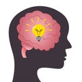 A face profile silhouette showing the human brain with a light bulb Royalty Free Stock Photo