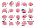 Brain cartoon character set with happy face smile.