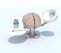 The brain cartoon with covid vaccine and syringe on a dish
