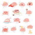 Brain cartoon. Happy cartoon mascot in action poses walking sleeping making exercises vector illustrations