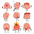 Brain character emotion. Brain characters making sport exercises and different activities design. Funny cartoon