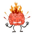 Brain character emotion. Brain character stands very angry, fire from the head. Funny cartoon emoticon. Vector