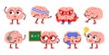 Brain character. Happy smart mascot, super hero mind and intellectual cartoon vector Illustration set