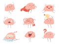 Brain characters. Cartoon mascot making different sport exercises brain activities vector pictures