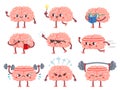 Brain characters. Happy brains in different poses and emotions, mental exercise, education metaphor creative mascot