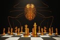Brain chess armies on the wooden chessboard. Empty place for text. chess battle 3d illustration