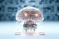 Brain with chips embedded is like an ultracomputer. Hi-tech technologies. Futuristic white laboratory of the future on the