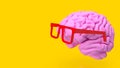 The pink brain and red glasses for sci or education concept 3d rendering Royalty Free Stock Photo