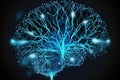 Brain connection network on blue neon abstract background. Generaive AI Royalty Free Stock Photo