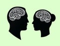 brain convolutions in male and female black human head silhouette, flat vector illustration Royalty Free Stock Photo