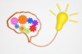 Brain 3D and gears for good idea concept mechanism to light tube, mechanism to good idea