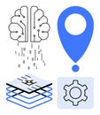 Brain, Digital Layers, Location Pin, and Gear Representing Innovation and Advanced Technology Royalty Free Stock Photo