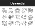 Brain disease dementia line black icons set. Decline in memory. Decrease in mental human abilities. Sign for web page, mobile app