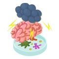 Brain disease icon isometric vector. Cloud with lightning over brain petri dish