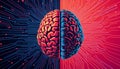 Brain Divided into Red and Blue Hemispheres with Circuitry Background Royalty Free Stock Photo