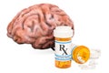 Brain and drugs concept. Human brain with medical bottles and pi