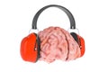 Brain with ear defenders. Protection against noise, concept. 3D rendering