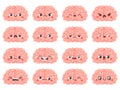 Brain emoticons. Cute brains characters with different face expression. Happy and angry, wink and sad, creative avatar