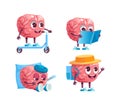 Brain emotion character cartoon set. ÃÂ¡ute cartoon mascot rides bike, reads book, goes on hike, is sick and lies with temperature