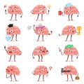 Brain emotion vector cartoon brainy character expression emoticon and intelligence emoji studying loving or crying