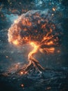 A brain evolves into a tree with glowing neural branches and roots, illustrating the connection between knowledge and