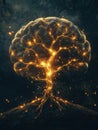 A brain evolves into a tree with radiant neural branches and roots, representing the journey of growth, knowledge, and