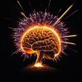 a brain exploding with a lot of fire and sparks in the middle of with a black background and a black background with a red