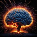 a brain exploding with a lot of fire and sparks in the middle of with a black background and a black background with a red