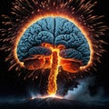 a brain exploding with a lot of fire and sparks in the middle of with a black background and a black background with a red