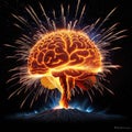 a brain exploding with a lot of fire and sparks in the middle of with a black background and a black background with a red