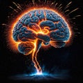 a brain exploding with a lot of fire and sparks in the middle of with a black background and a black background with a red