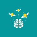 Brain with flying bulbs flat icon. Isolated on blue. New idea, inspiration concept. smart, clever, creative symbol