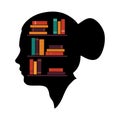 The brain is full of knowledge, Books library in head shape. Library bookshelves flat vector illustration. Royalty Free Stock Photo