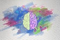 Brain function concept with handwriting sketch of right and left brain hemispheres, science symbols and creativity illustration