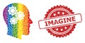 Scratched Imagine Stamp Seal and Bright Colored Brain Gears Mosaic