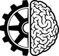 Brain gears icon showing half machine and half biological mind for artificial intelligence and mechanical intelligence design Royalty Free Stock Photo
