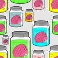 Brain in glass jar pattern seamless. Brainss in glassy Liter jar background. vector illustration Royalty Free Stock Photo
