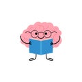 Brain in glasses with book, cute child character for knowledge, education. Happy brain reading book. Vector Royalty Free Stock Photo